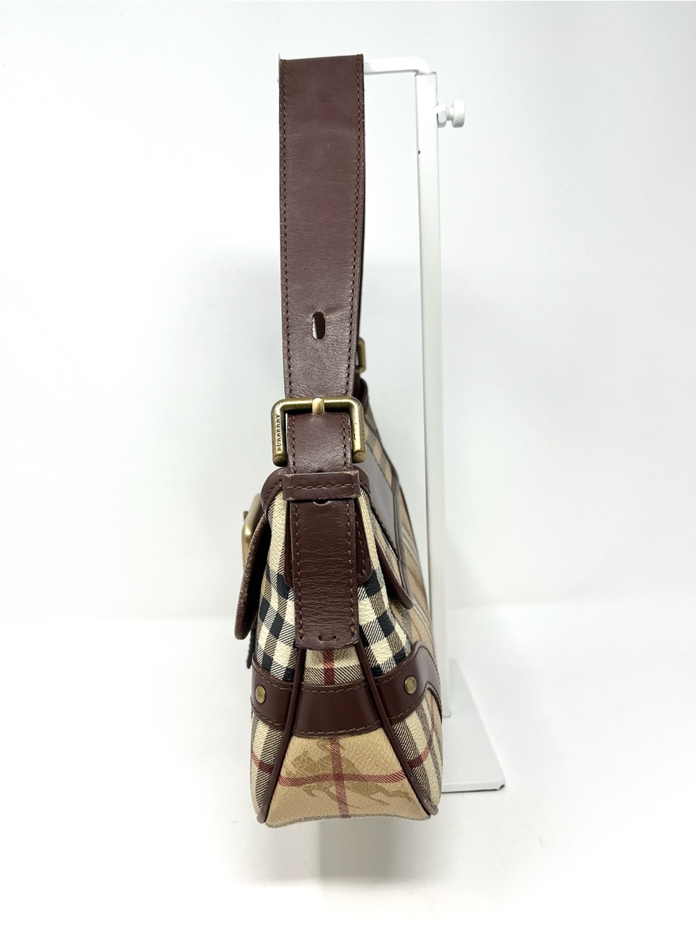 Vintage Vtg Burberry Y2K Haymarket Check Mini Shoulder Bag Beige Brown Leather - Picture 4 of 14